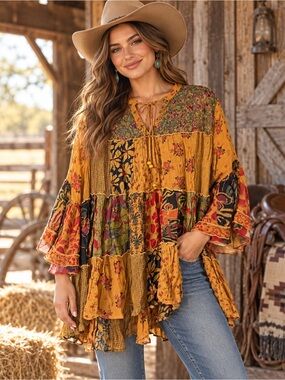 NWT Young Threads Boho Patchwork Floral Tiered Tunic Top M